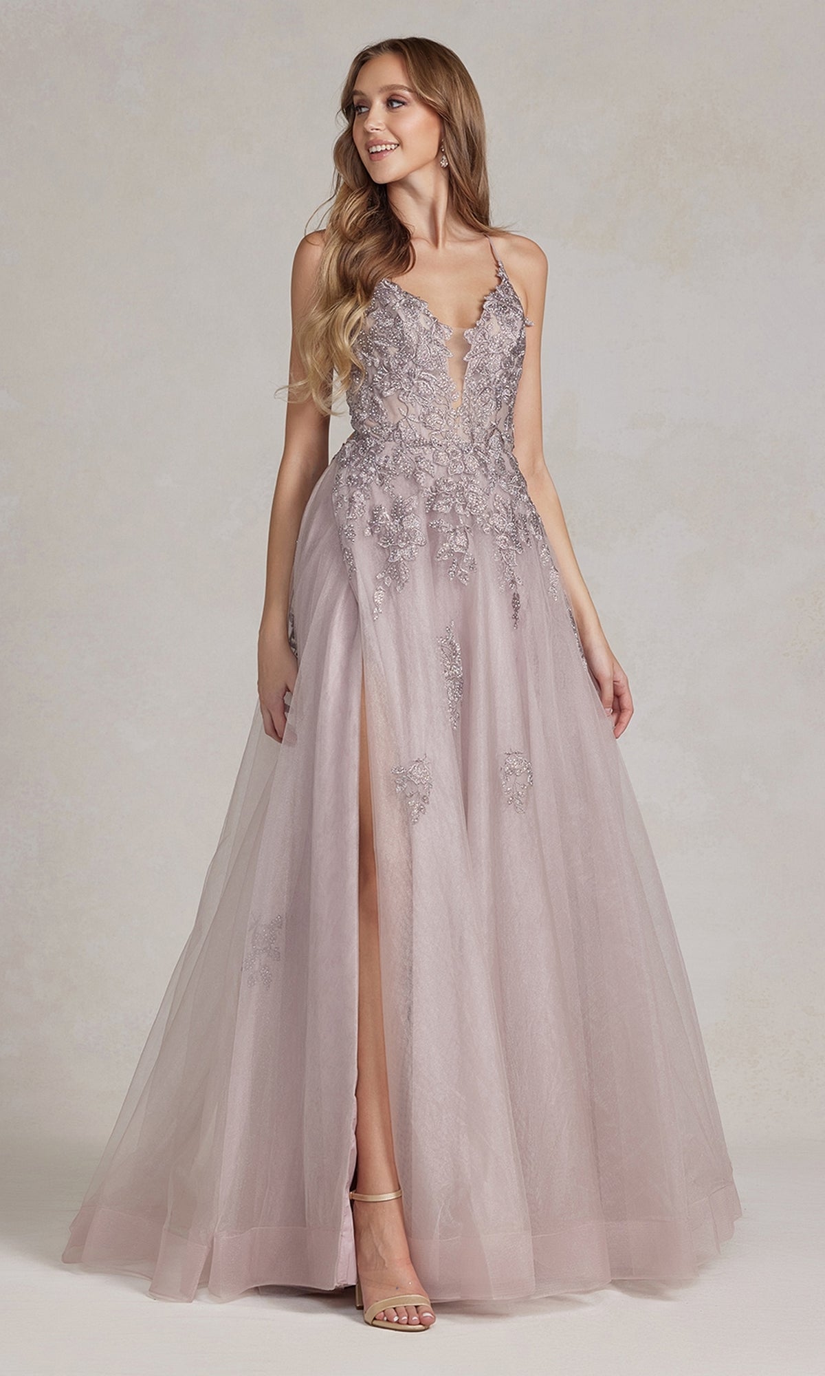 Beaded-Bodice Open-Back Long Prom Ball Gown - PromGirl Mauve / 16 Beaded-Bodice Open-Back Long Prom Ball Gown - PromGirl Mauve / 16