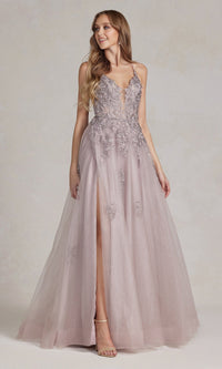 Mauve Long A-Line Lace Prom Dress with Wrap-Style Skirt