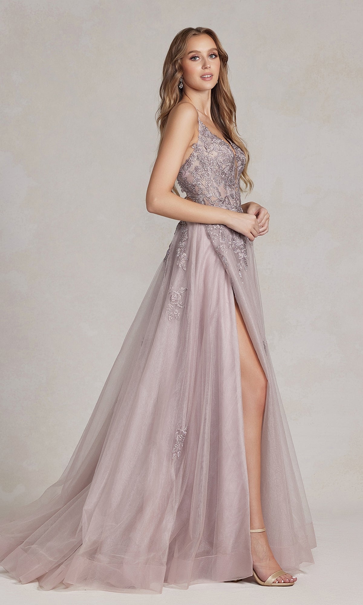  Long A-Line Lace Prom Dress with Wrap-Style Skirt