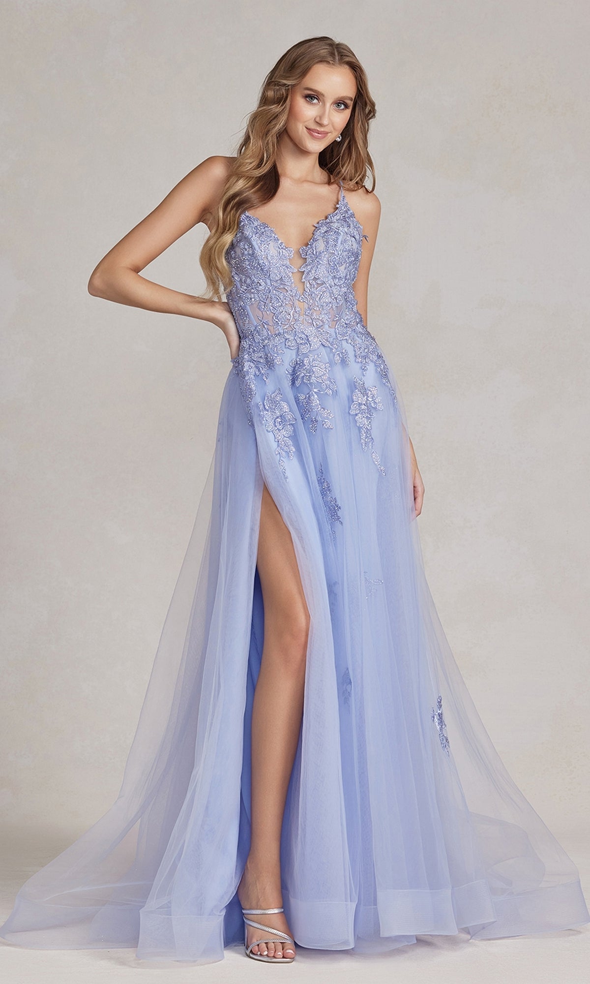 Periwinkle Long A-Line Lace Prom Dress with Wrap-Style Skirt