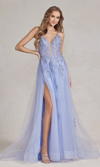 Periwinkle Long A-Line Lace Prom Dress with Wrap-Style Skirt
