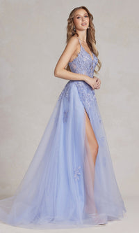  Long A-Line Lace Prom Dress with Wrap-Style Skirt