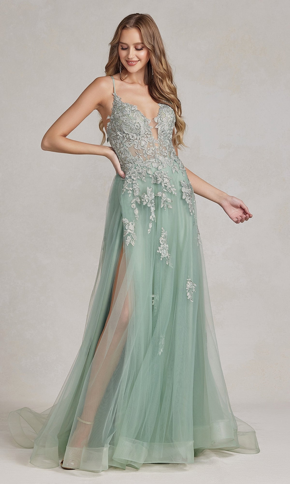 Sage Long A-Line Lace Prom Dress with Wrap-Style Skirt