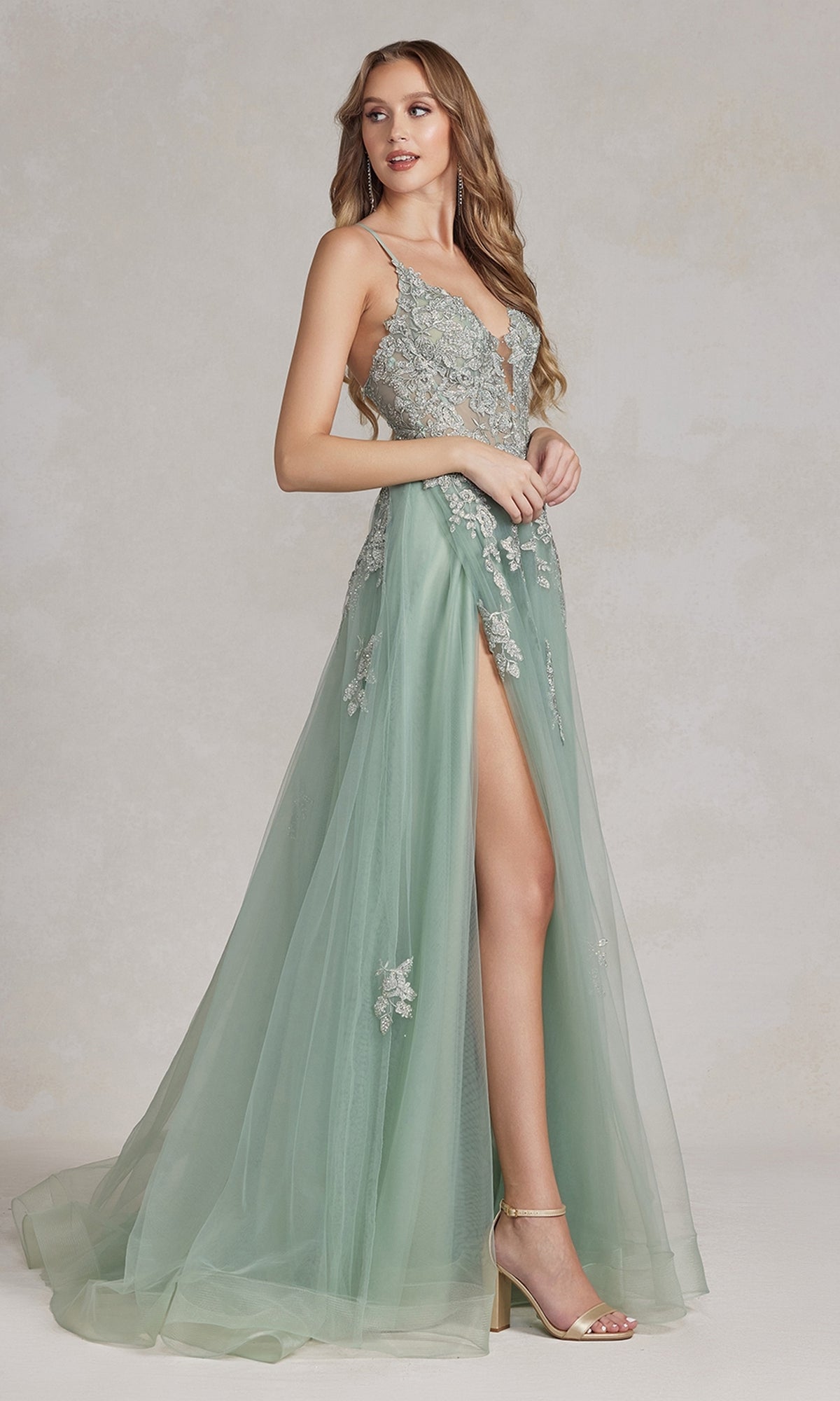  Long A-Line Lace Prom Dress with Wrap-Style Skirt