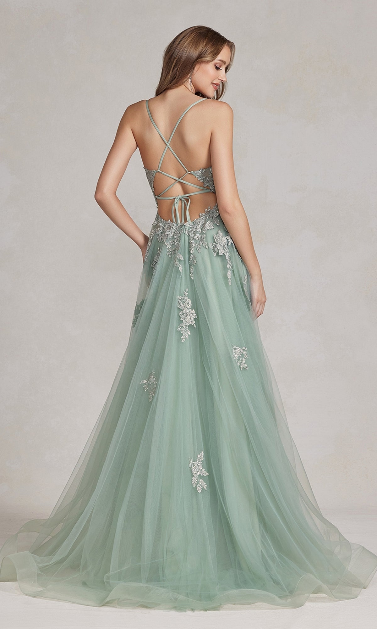 Faux-Wrap Long Lace A-Line Prom Dress with Side Slit Faux-Wrap Long Lace A-Line Prom Dress with Side Slit
