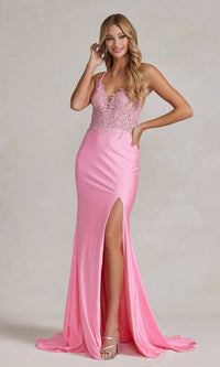 Pink Lace-Bodice Backless Long Prom Dress