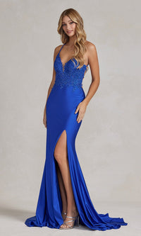 Royal Blue Lace-Bodice Backless Long Prom Dress