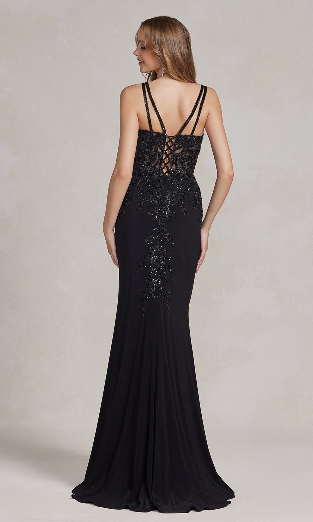  Embellished-Sheer-Bodice Long Formal Dress