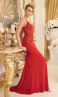 Red Embellished-Sheer-Bodice Long Formal Dress