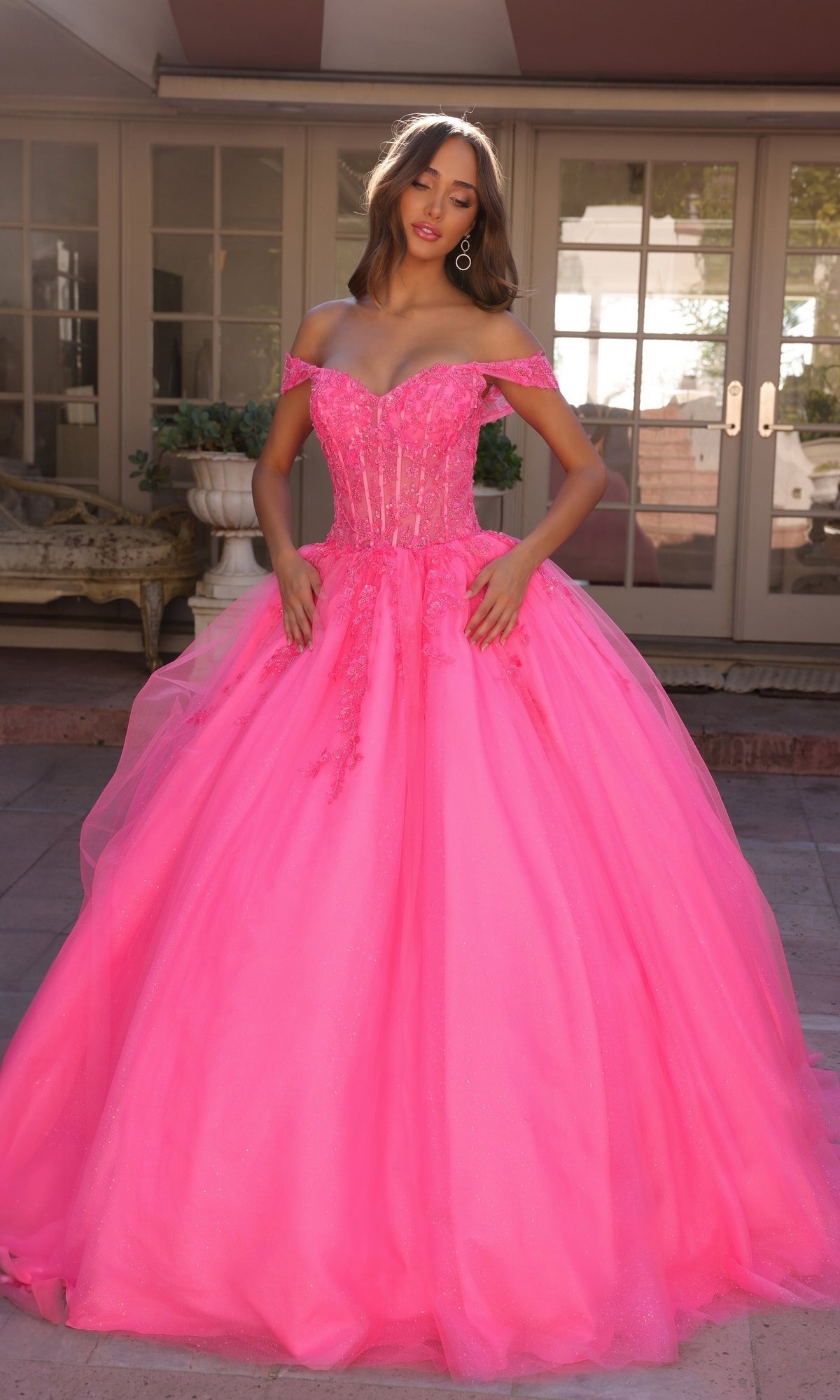 Nox Anabel H1349 Off Shoulder Quinceanera Dress Embroidered Ball Gown Hot Pink / 8 Nox Anabel H1349 Off Shoulder Quinceanera Dress Embroidered Ball Gown Hot Pink / 8