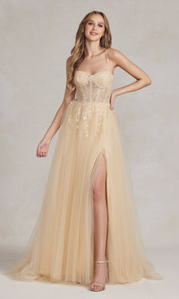  A-Line Long Lace Prom Dress with Sheer Waist