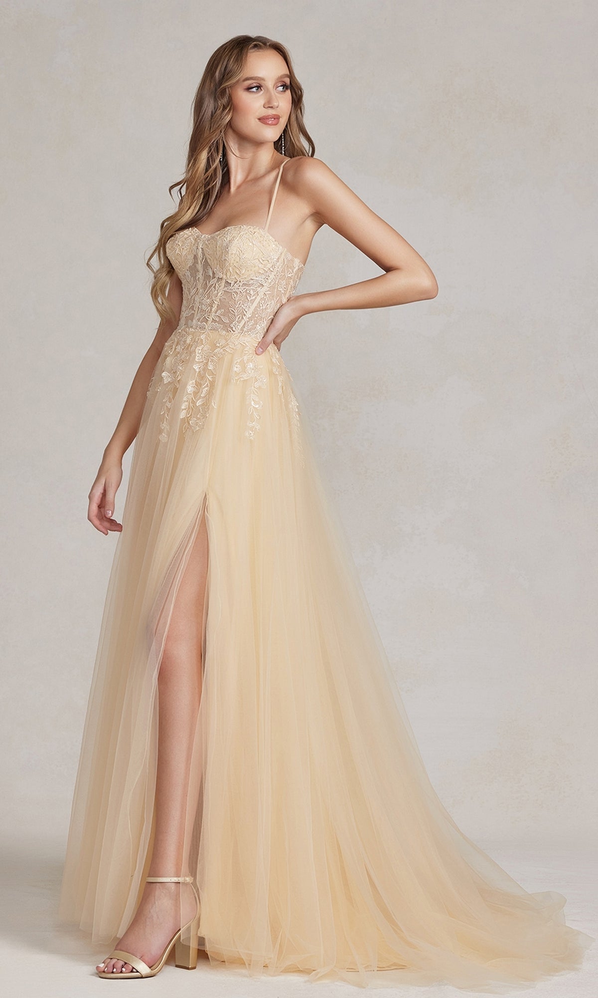 Champagne A-Line Long Lace Prom Dress with Sheer Waist