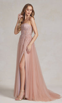 Dusty Rose A-Line Long Lace Prom Dress with Sheer Waist