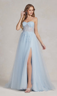 Ice Blue A-Line Long Lace Prom Dress with Sheer Waist