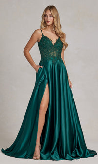 Emerald Long A-Line Prom Dress with Sheer-Lace Bodice