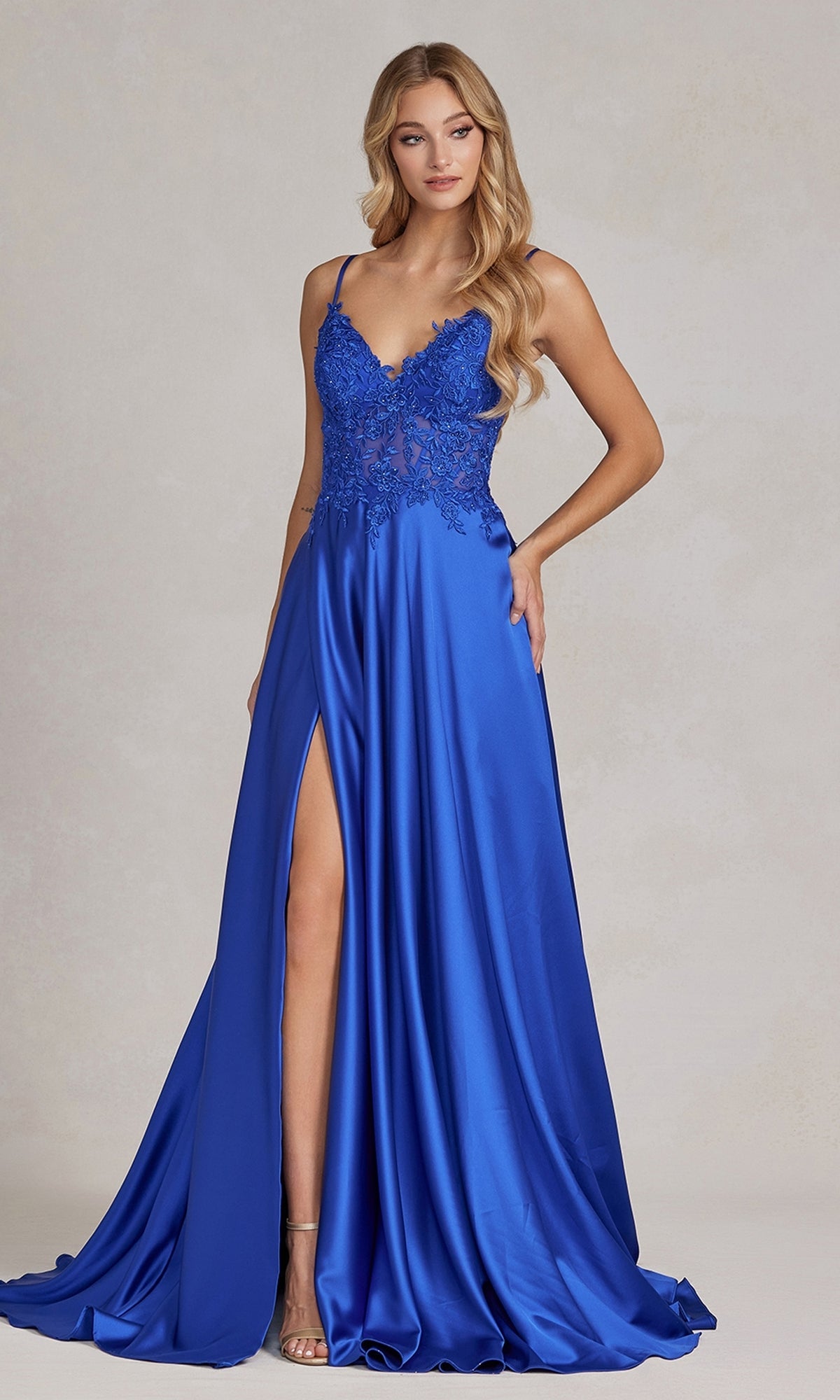 Royal Blue Long A-Line Prom Dress with Sheer-Lace Bodice