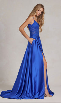  Long A-Line Prom Dress with Sheer-Lace Bodice