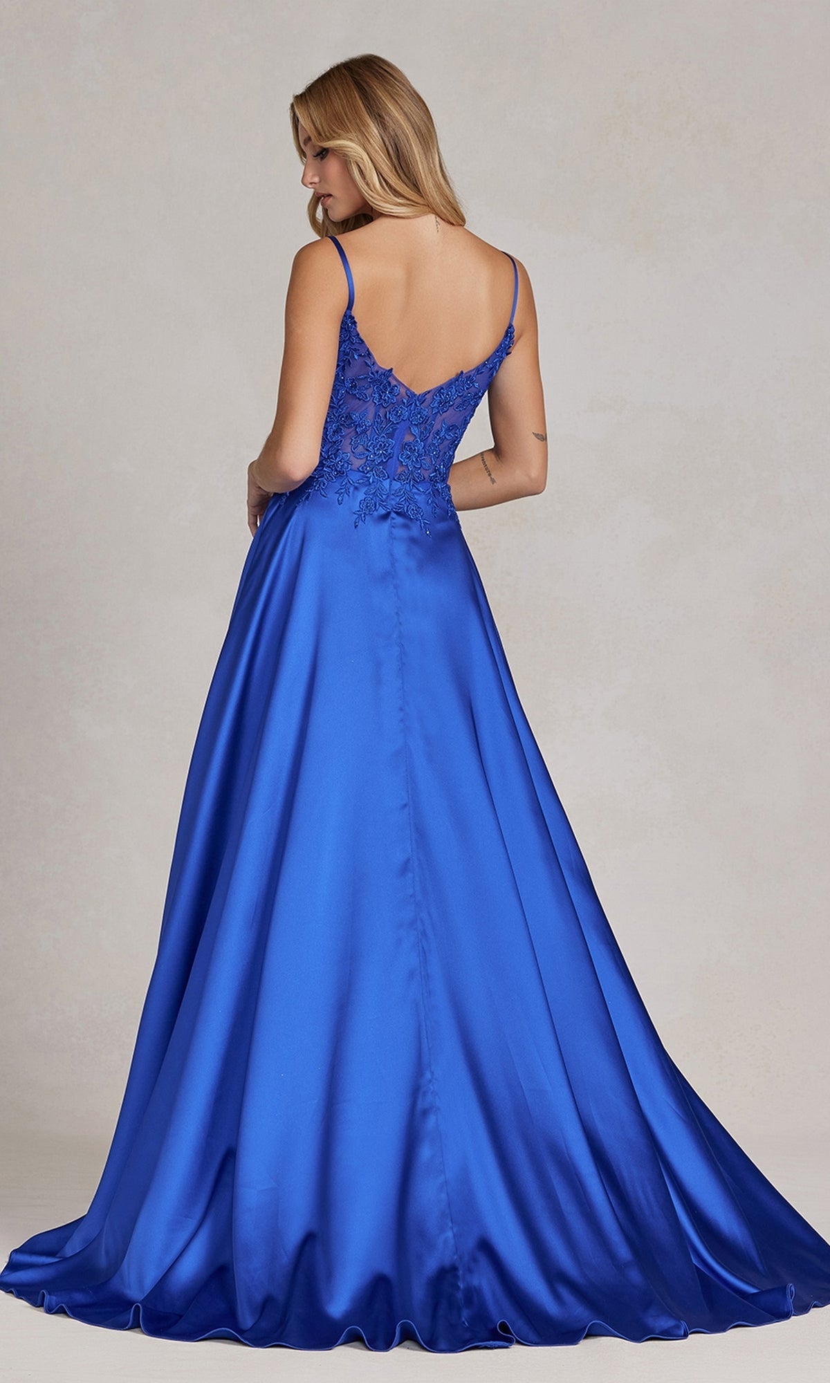  Long A-Line Prom Dress with Sheer-Lace Bodice