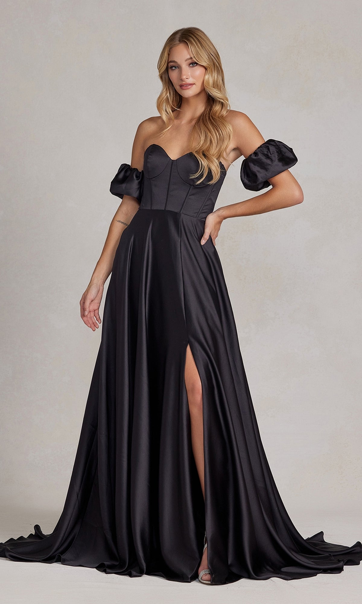 Black Puff Sleeve Corset Strapless Long Prom Dress K1122