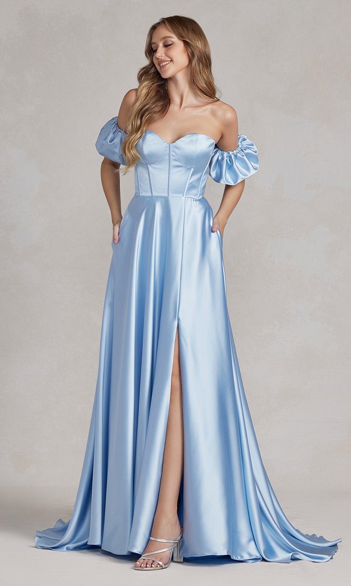 Blue Puff Sleeve Corset Strapless Long Prom Dress K1122