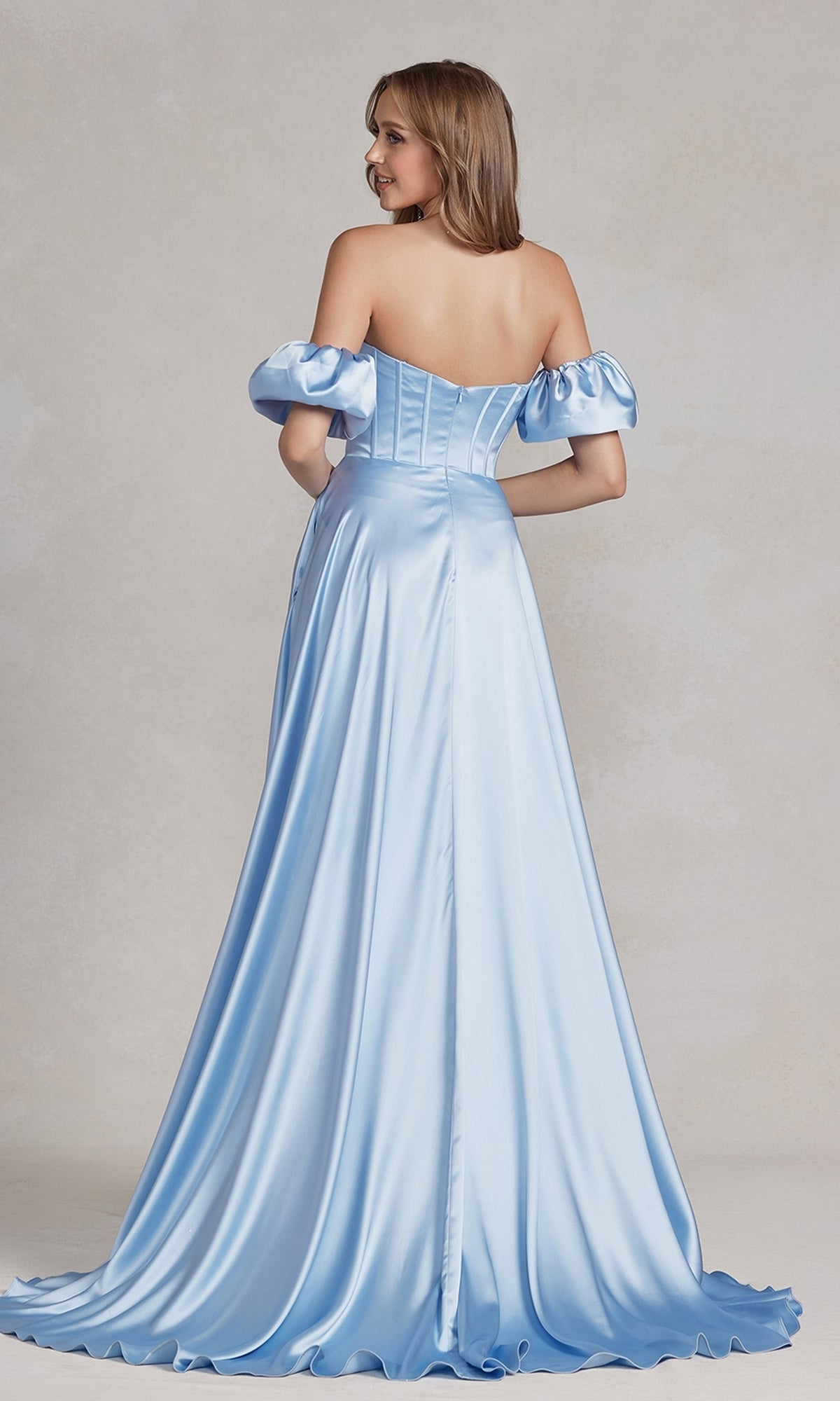 Strapless Long Prom Dress with Detached Puff Sleeves