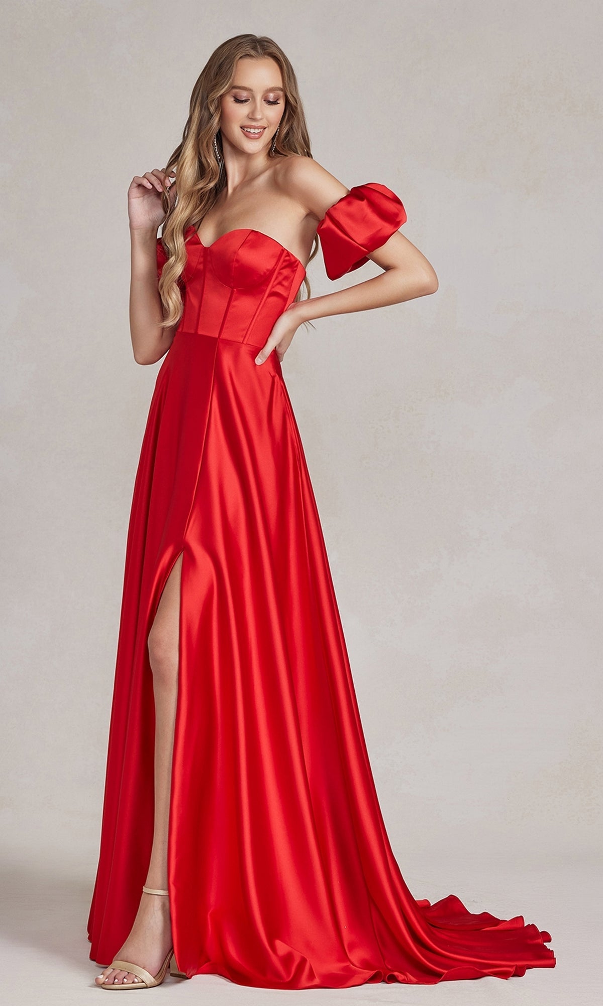 Red Puff Sleeve Corset Strapless Long Prom Dress K1122