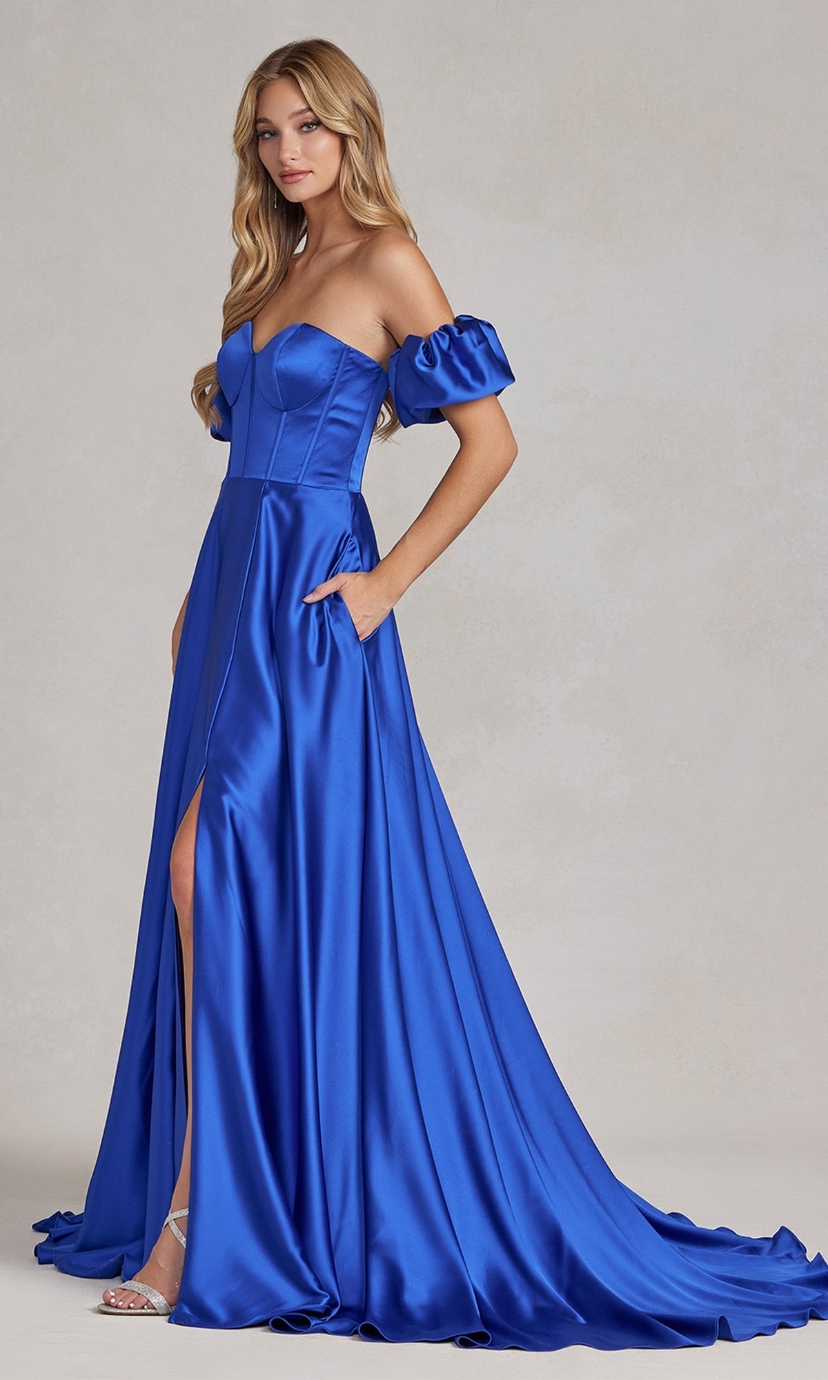 Royal Blue Puff Sleeve Corset Strapless Long Prom Dress K1122