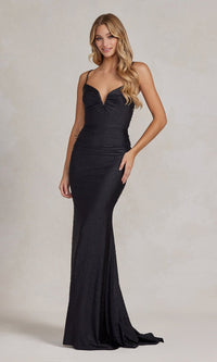 Black Beaded Tight Long Formal Gown with Strappy Back