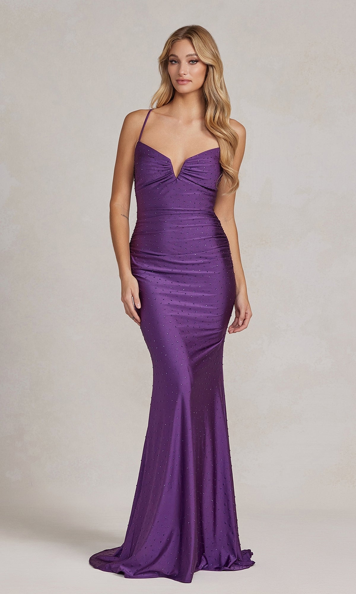 Plum Beaded Tight Long Formal Gown with Strappy Back