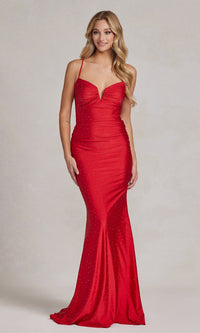 Red Beaded Tight Long Formal Gown with Strappy Back