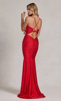  Beaded Tight Long Formal Gown with Strappy Back