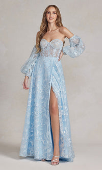 Blue Strapless Long Lace Prom Dress with Puff Sleeves