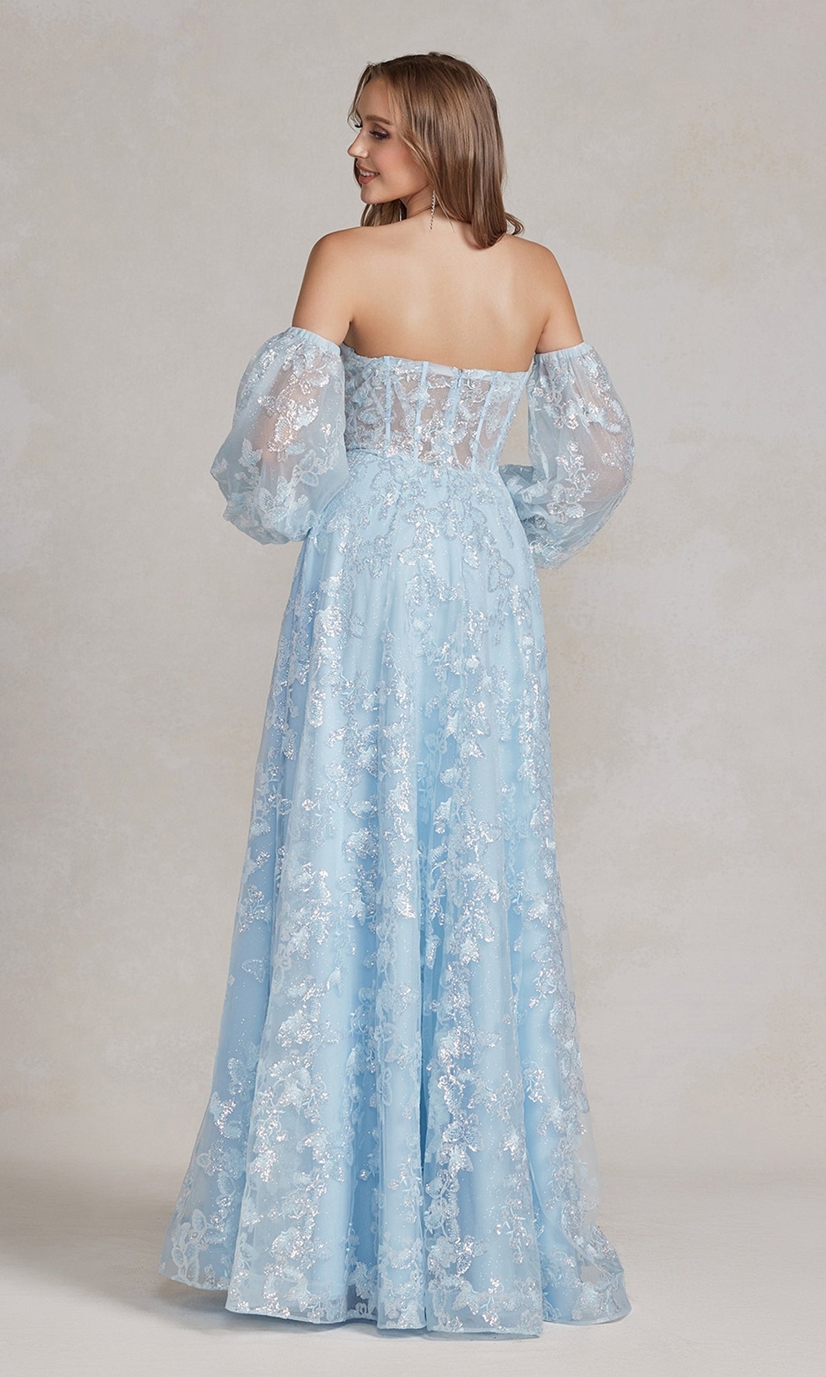  Strapless Long Lace Prom Dress with Puff Sleeves