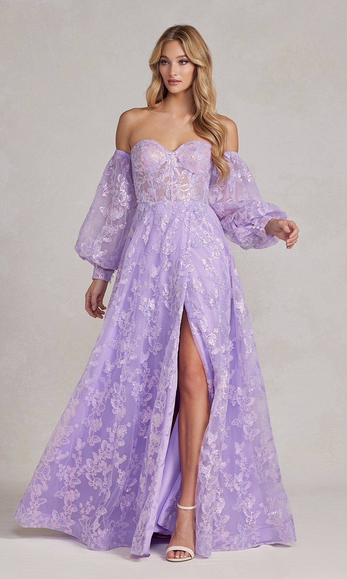  Strapless Long Lace Prom Dress with Puff Sleeves