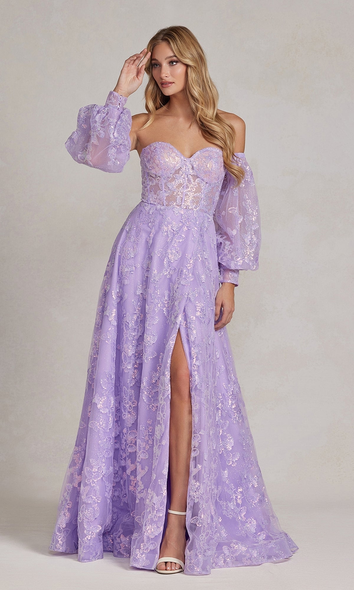 Lilac Strapless Long Lace Prom Dress with Puff Sleeves