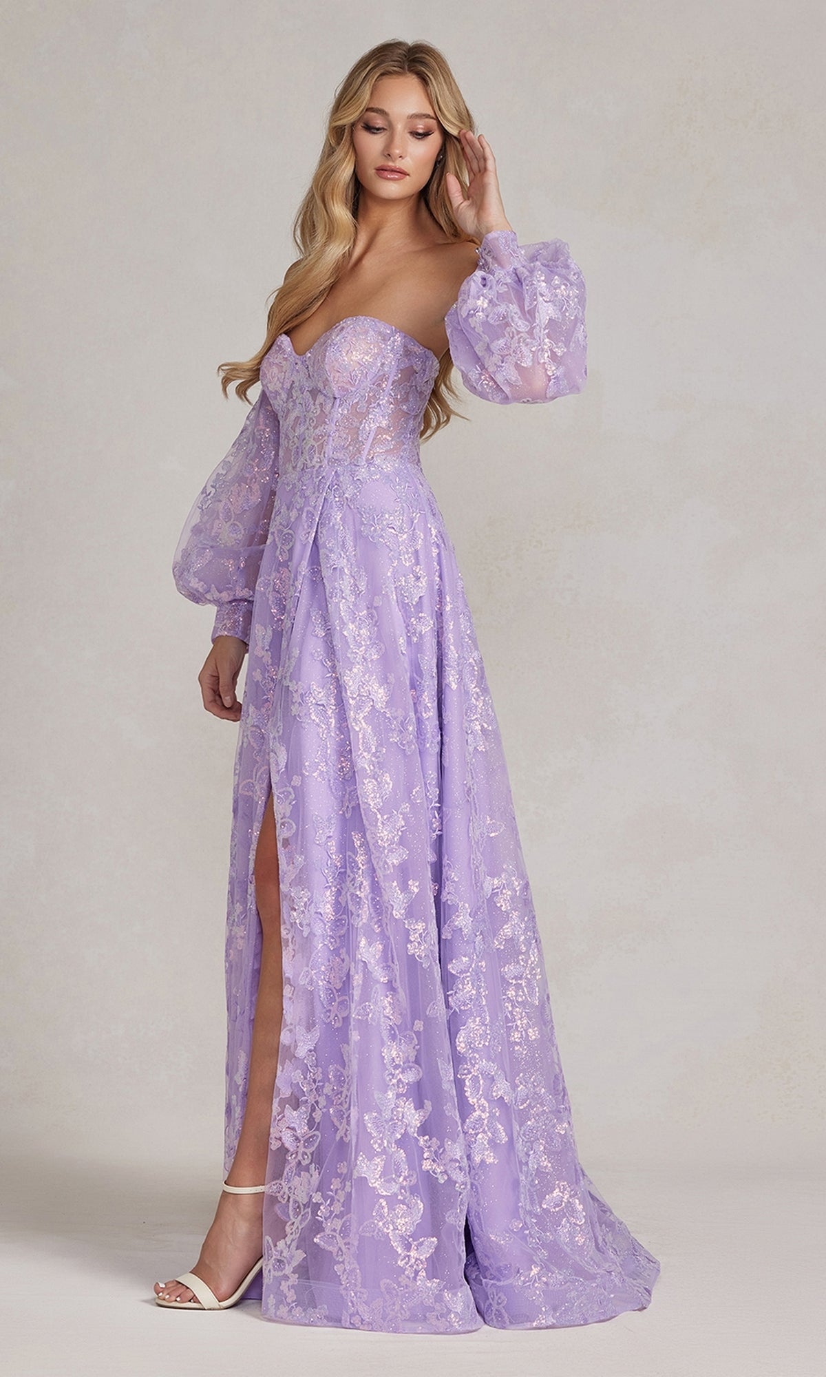 Strapless Long Lace Prom Dress with Puff Sleeves Blue / 00 Strapless Long Lace Prom Dress with Puff Sleeves Blue / 00