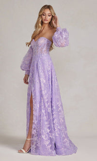  Strapless Long Lace Prom Dress with Puff Sleeves