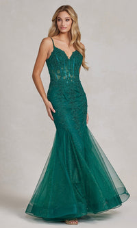Emerald Sheer-Corset-Bodice Long Mermaid Prom Gown P1170
