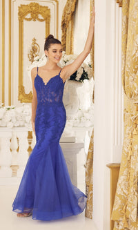 Royal Blue Sheer-Corset-Bodice Long Mermaid Prom Gown P1170