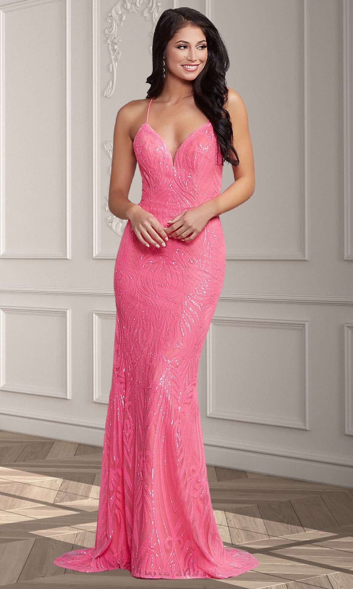 Sexy Strappy-Back Long Shimmer Formal Prom Dress Hot Pink Shimmer / 0