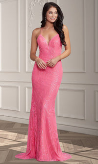 Hot Pink Shimmer Sexy Strappy-Back Long Shimmer Formal Prom Dress