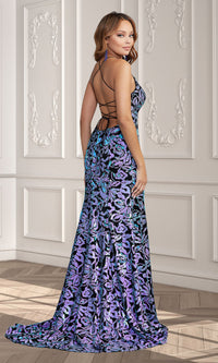 Blue/Lilac Multi Sequin-Print Long Velvet Prom Dress with Train