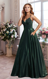 Emerald Shimmer V-Neck Long Prom Ball Gown with Pockets