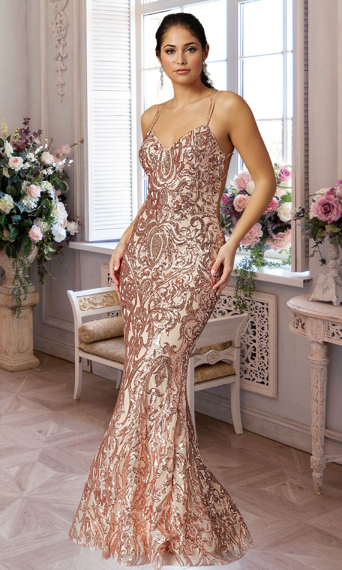 Off-the-shoulder Long Sleeve Gold Sequin Prom Dress - Promfy