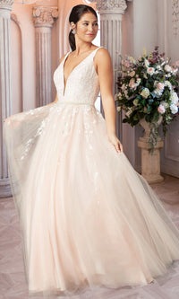 Blush/Ivory Long V-Neck Ball-Gown-Style Prom Dress by PromGirl