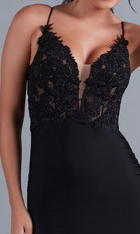  Slinky Long Formal Dress with Sheer Lace Bodice