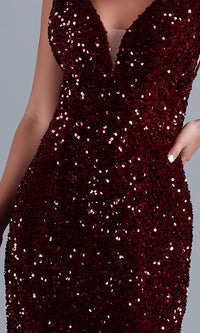  Deep V-Neck Dark Red Long Velvet-Sequin Prom Dress
