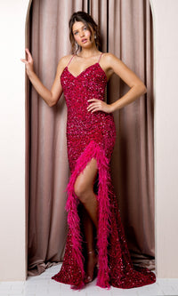  Backless Long Sequin Prom Dress with Feathers
