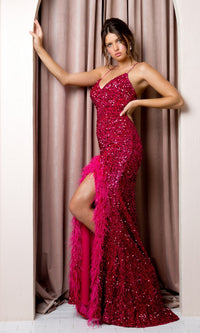 Fuchsia Backless Long Sequin Prom Dress with Feathers