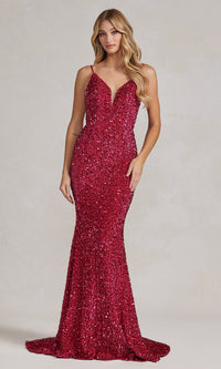 Fuchsia Long Sequin Formal Dress with Sheer Sides